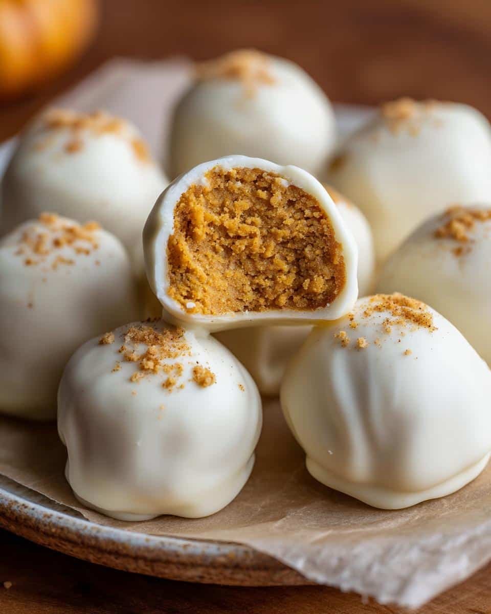 A close-up of white chocolate coated Pumpkin Spice Truffles, one cut in half to reveal the spiced pumpkin filling.