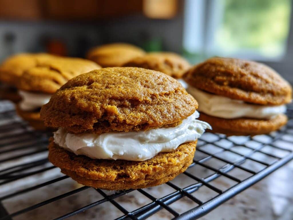 Close-up of two delicious Pumpkin Whoopie Pies sandwiched together with creamy white filling on a cooling rack.