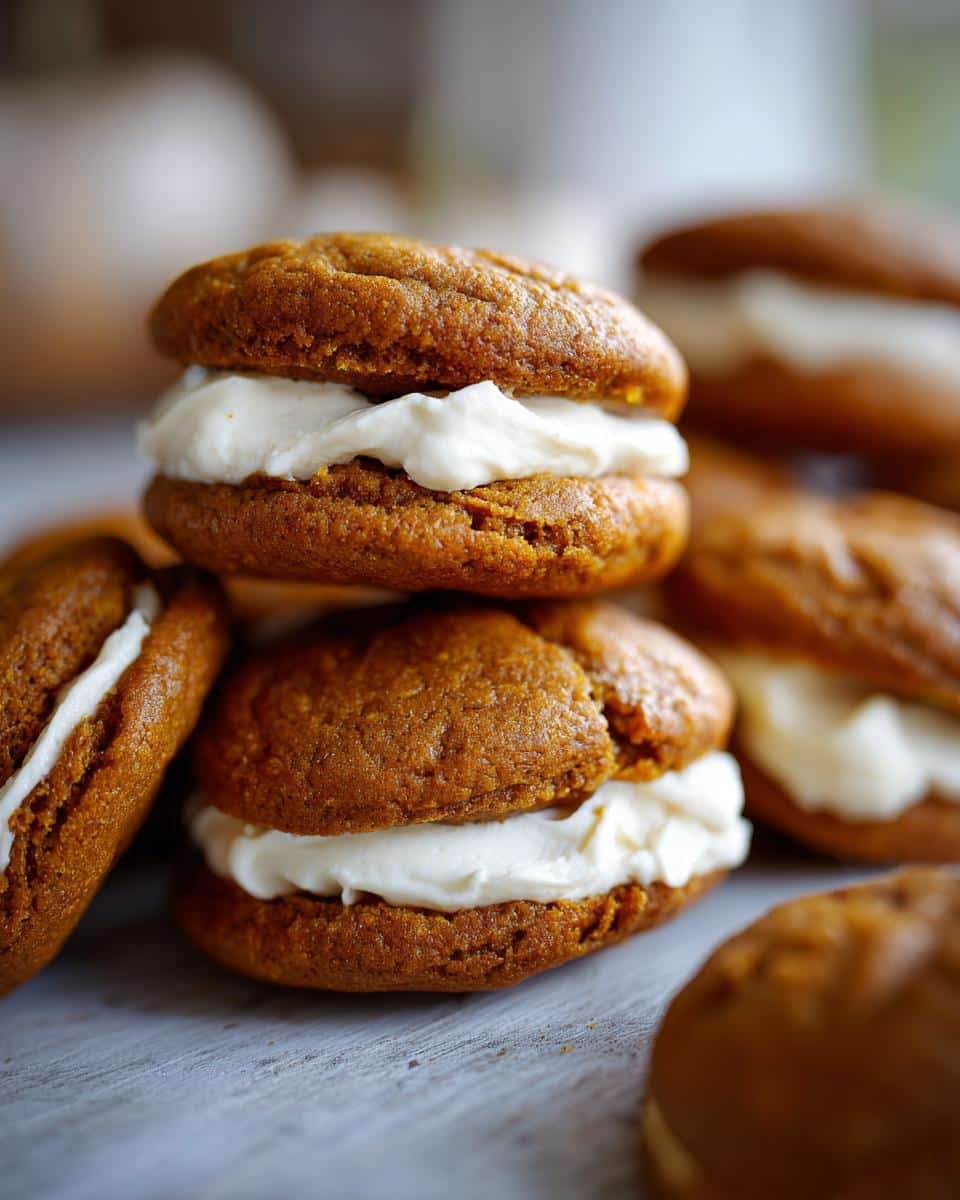 Amazing Pumpkin Whoopie Pies: 12-Minute Bake 6 Close-up of stacked Pumpkin Whoopie Pies with a thick layer of white cream filling.