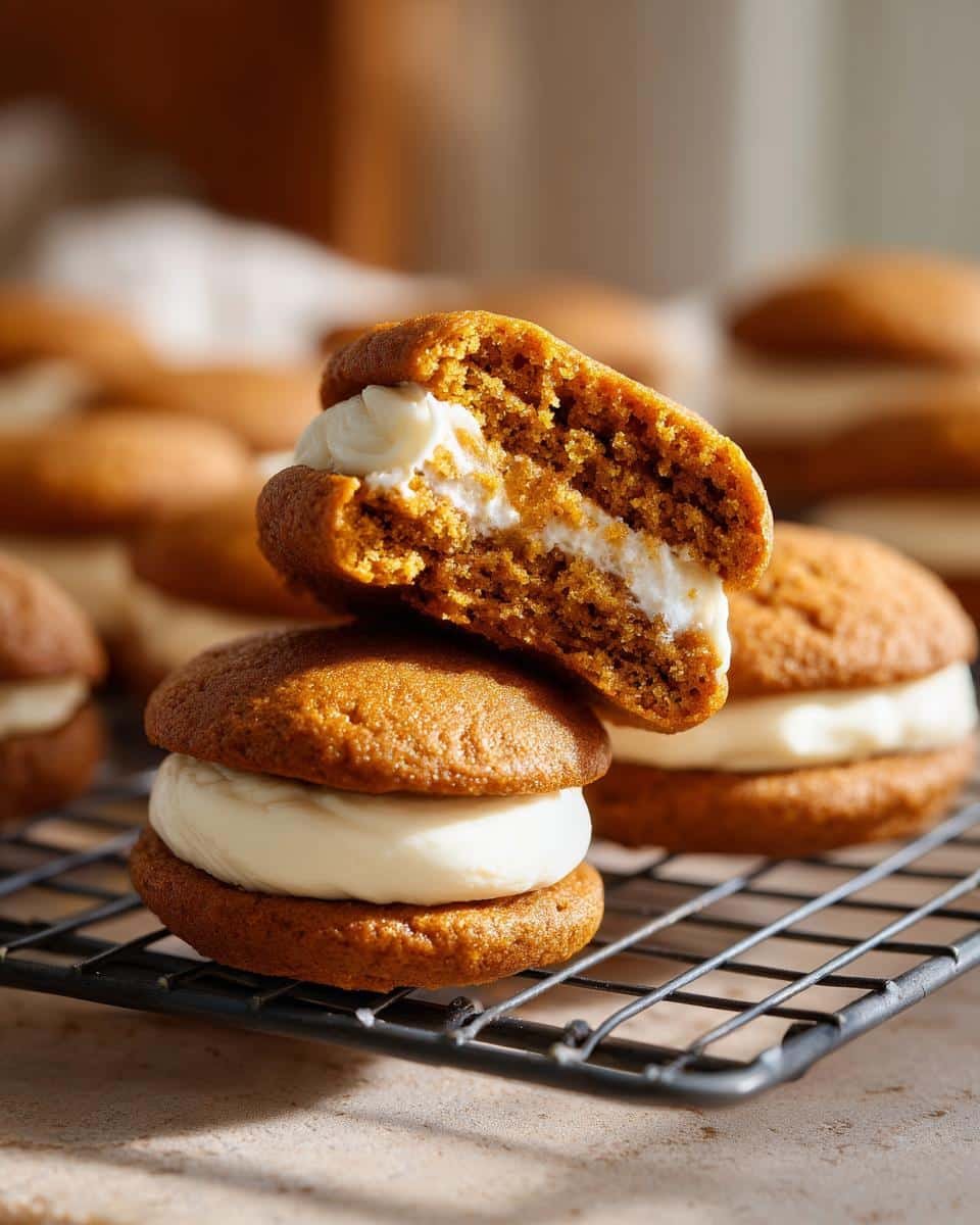 Amazing Pumpkin Whoopie Pies: 12-Minute Bake 7 Close-up of two Pumpkin Whoopie Pies stacked on a cooling rack, one split to show the creamy filling.