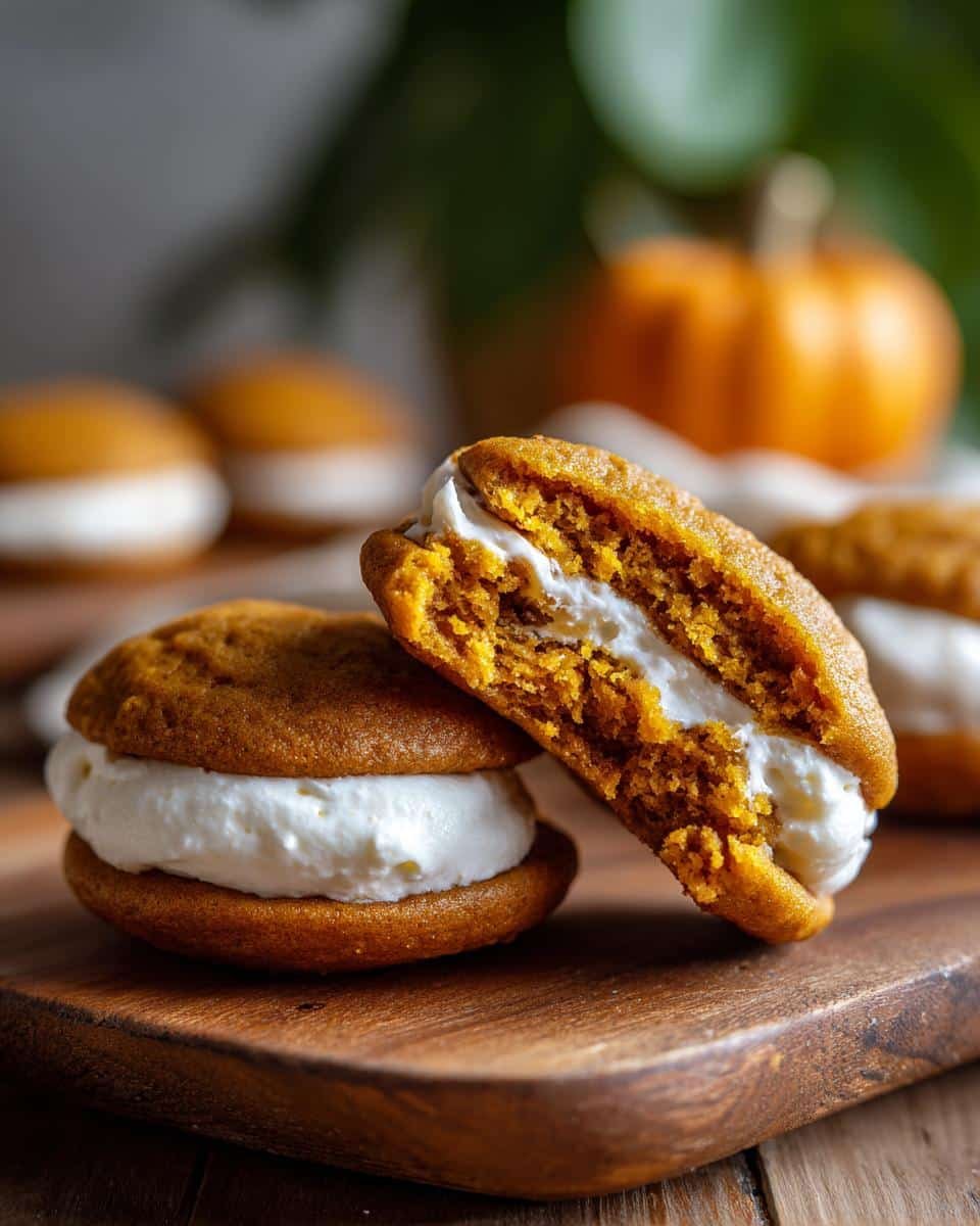Amazing Pumpkin Whoopie Pies: 12-Minute Bake 8 Close-up of two Pumpkin Whoopie Pies on a wooden board, one whole and one broken in half to show the creamy filling.