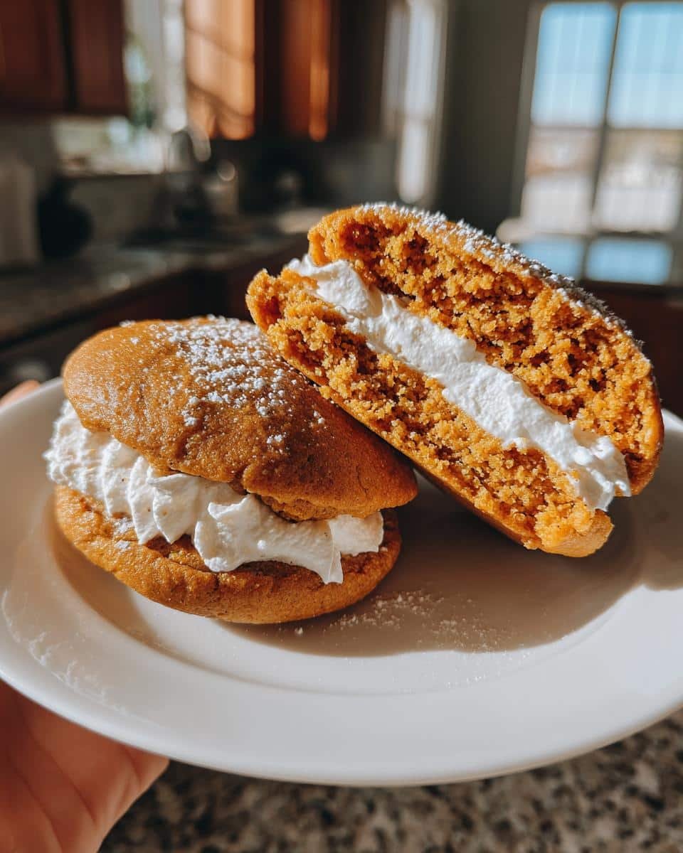 Amazing Pumpkin Whoopie Pies: 12-Minute Bake 9 Close-up of two Pumpkin Whoopie Pies on a white plate, one whole and one cut in half showing the creamy filling.