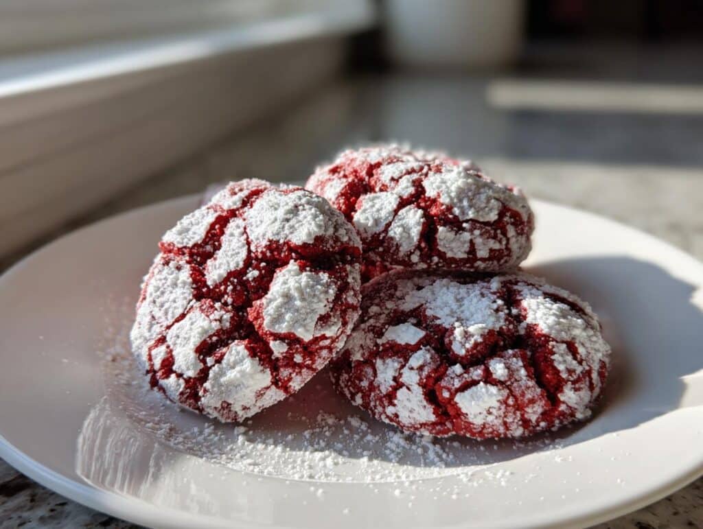 Three delicious Red Velvet Crinkle Cookies dusted with powdered sugar on a white plate.
