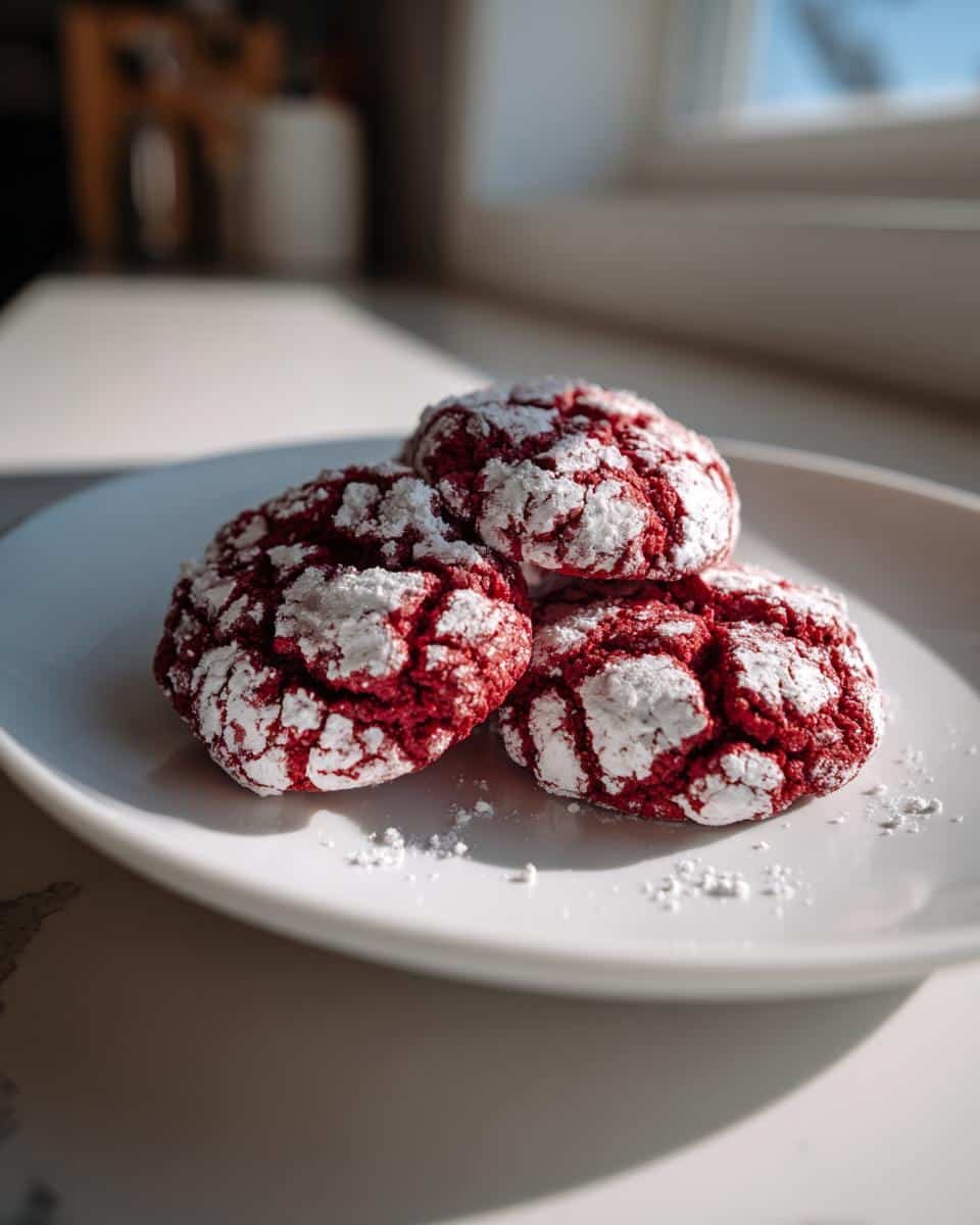 Three vibrant Red Velvet Crinkle Cookies dusted with powdered sugar on a white plate.