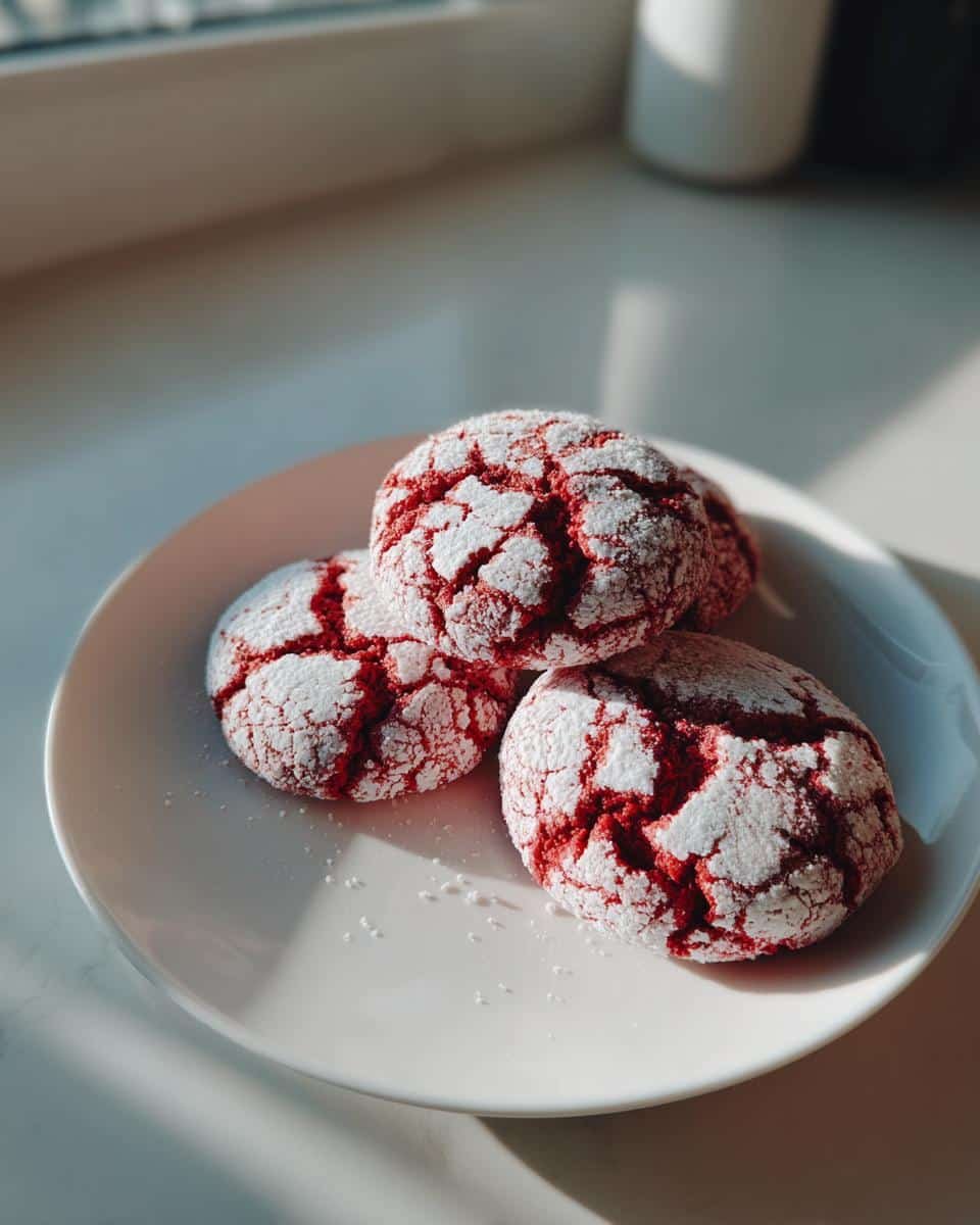 Three Red Velvet Crinkle Cookies dusted with powdered sugar on a white plate.