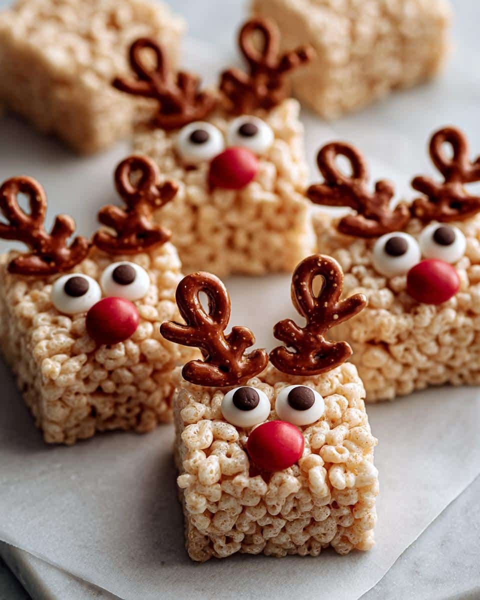 Close-up of festive Reindeer Rice Krispie Treats decorated with pretzel antlers, candy eyes, and red candy noses.