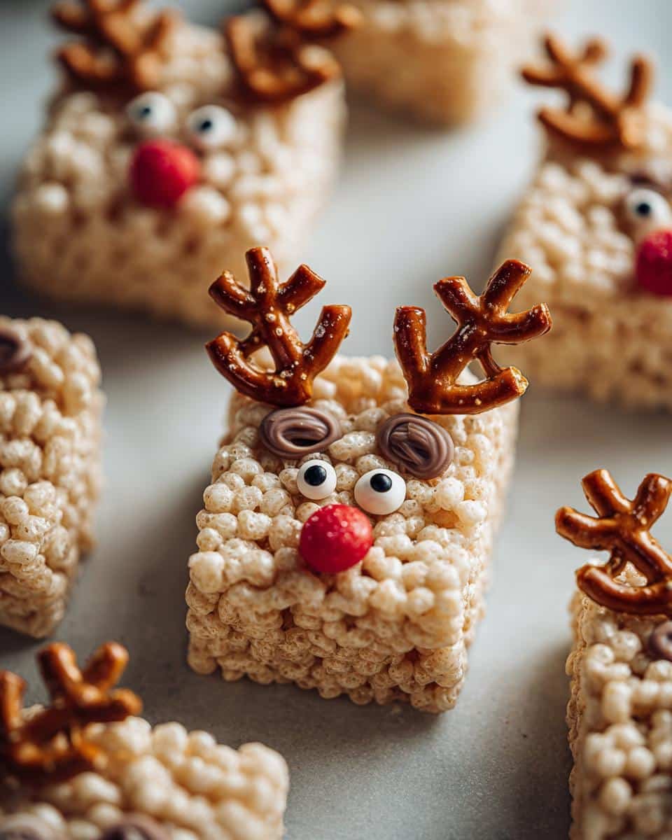 Close-up of festive Reindeer Rice Krispie Treats decorated with pretzel antlers, candy eyes, and red noses.