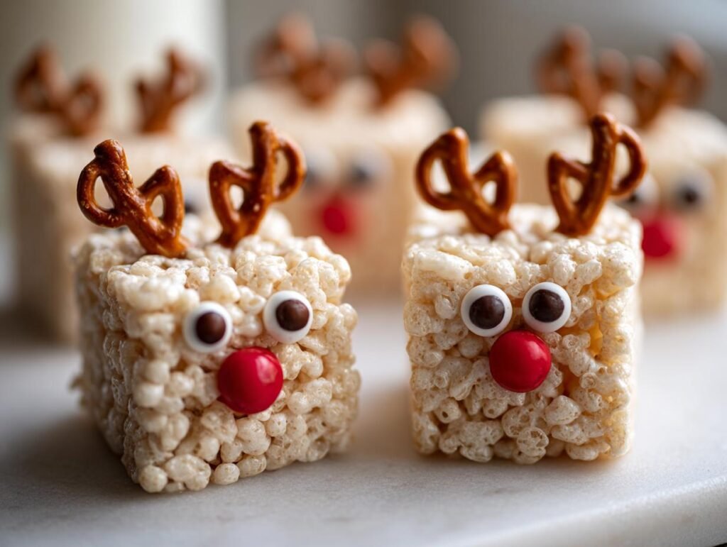Close-up of a Reindeer Rice Krispie Treat with pretzel antlers, candy eyes, and a red candy nose.