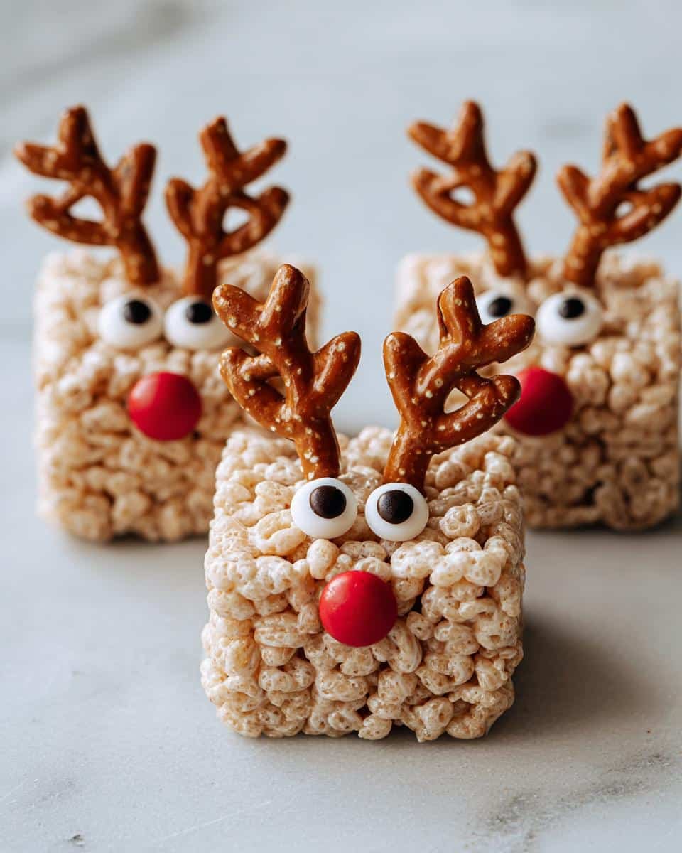 Close-up of festive Reindeer Rice Krispie Treats decorated with pretzel antlers, candy eyes, and red candy noses.