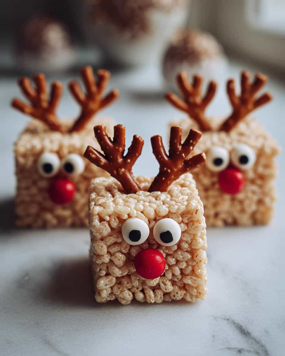 Close-up of festive Reindeer Rice Krispie Treats with pretzel antlers, candy eyes, and red candy noses.