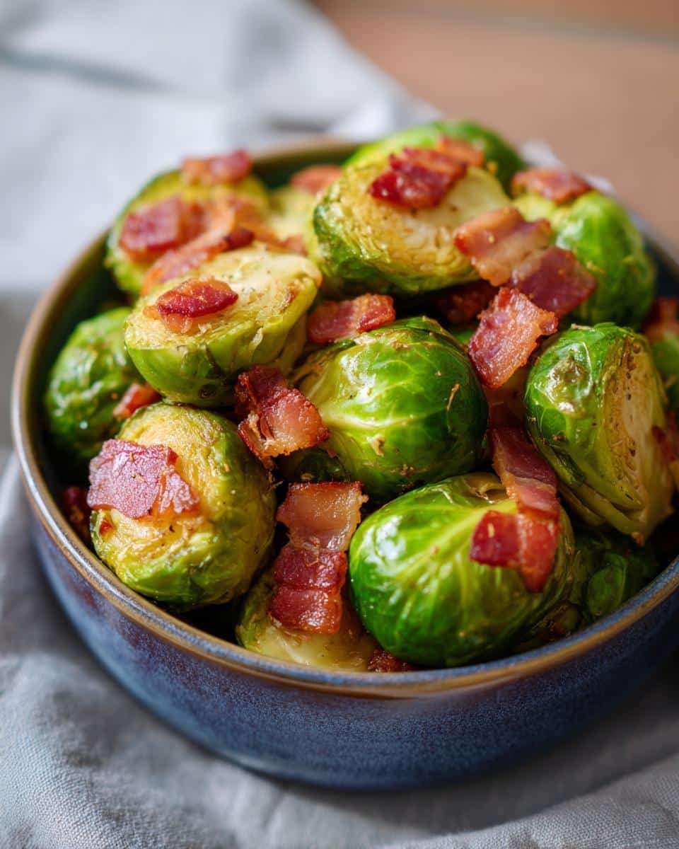 Close-up of a bowl filled with delicious roasted Brussels sprouts with crispy bacon pieces.