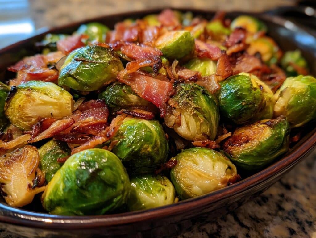 Close-up of delicious Roasted Brussels Sprouts with Bacon in a serving dish.