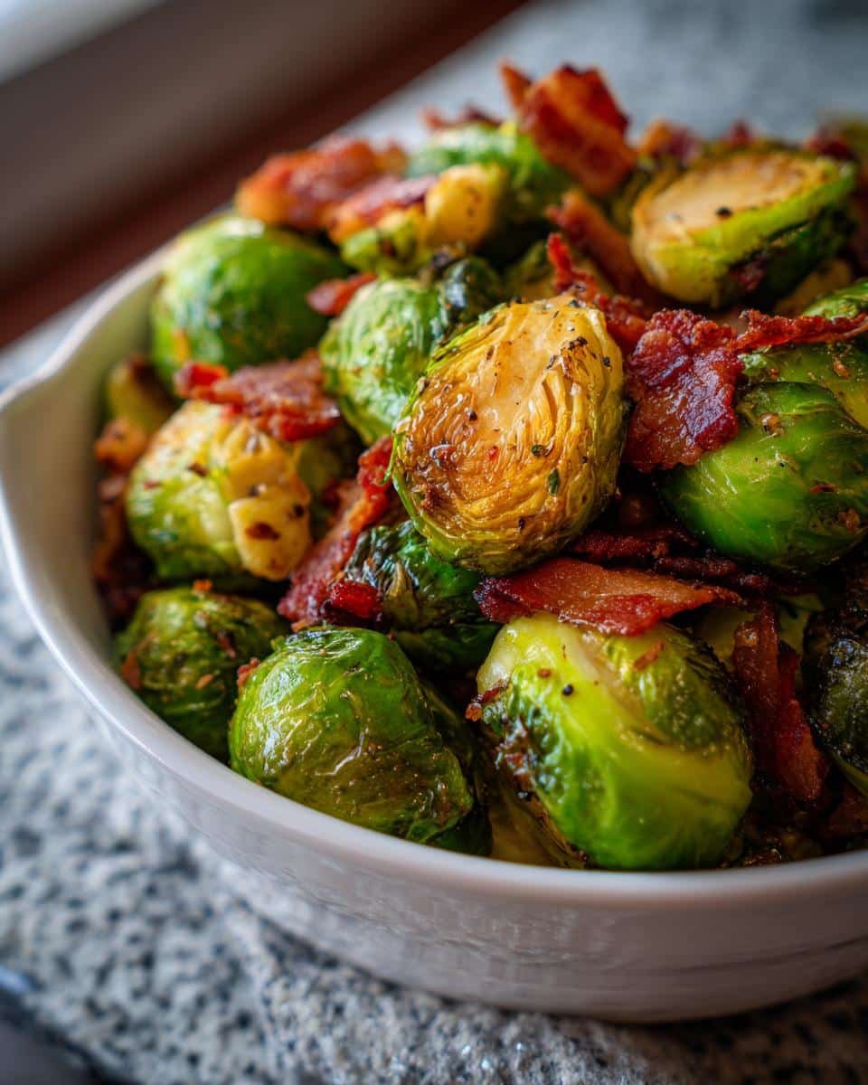 Close-up of roasted Brussels sprouts with crispy bacon pieces in a white bowl.