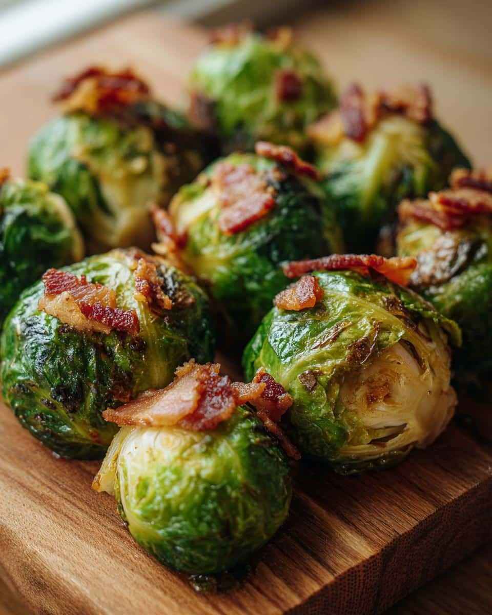 Close-up of roasted Brussels sprouts with crispy bacon pieces on top, served on a wooden board.