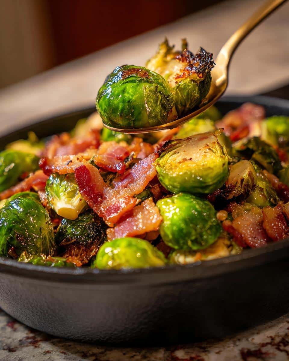 A spoonful of perfectly Roasted Brussels Sprouts with Bacon, showing crispy edges and savory bacon bits.