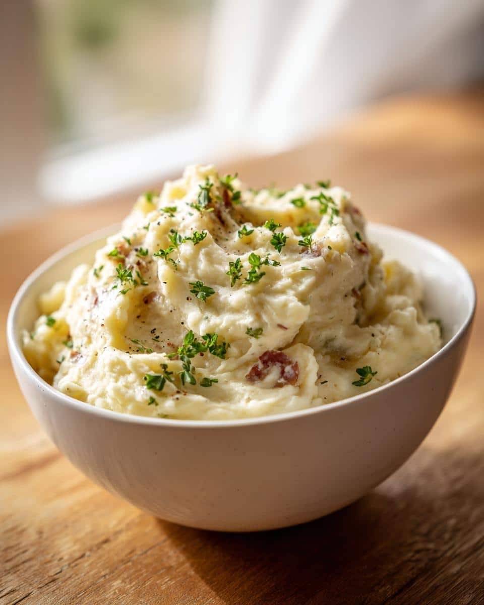 A bowl of fluffy Roasted Garlic Mashed Potatoes, garnished with fresh parsley and black pepper.
