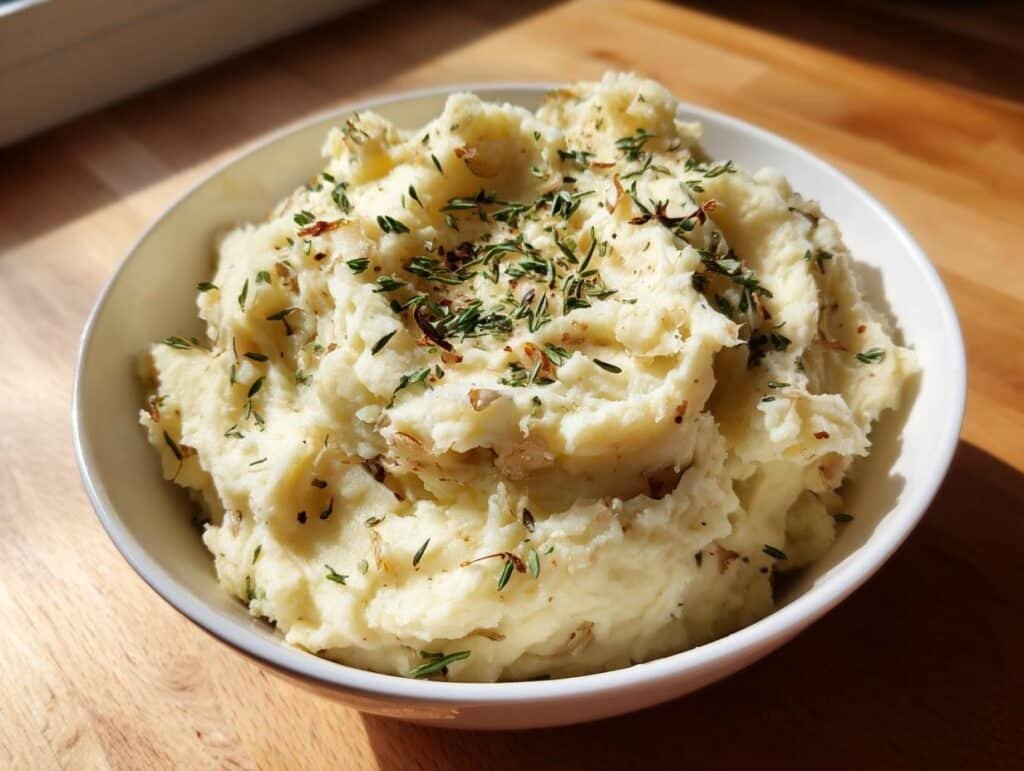 A bowl of fluffy Roasted Garlic Mashed Potatoes, topped with fresh herbs and roasted garlic pieces.