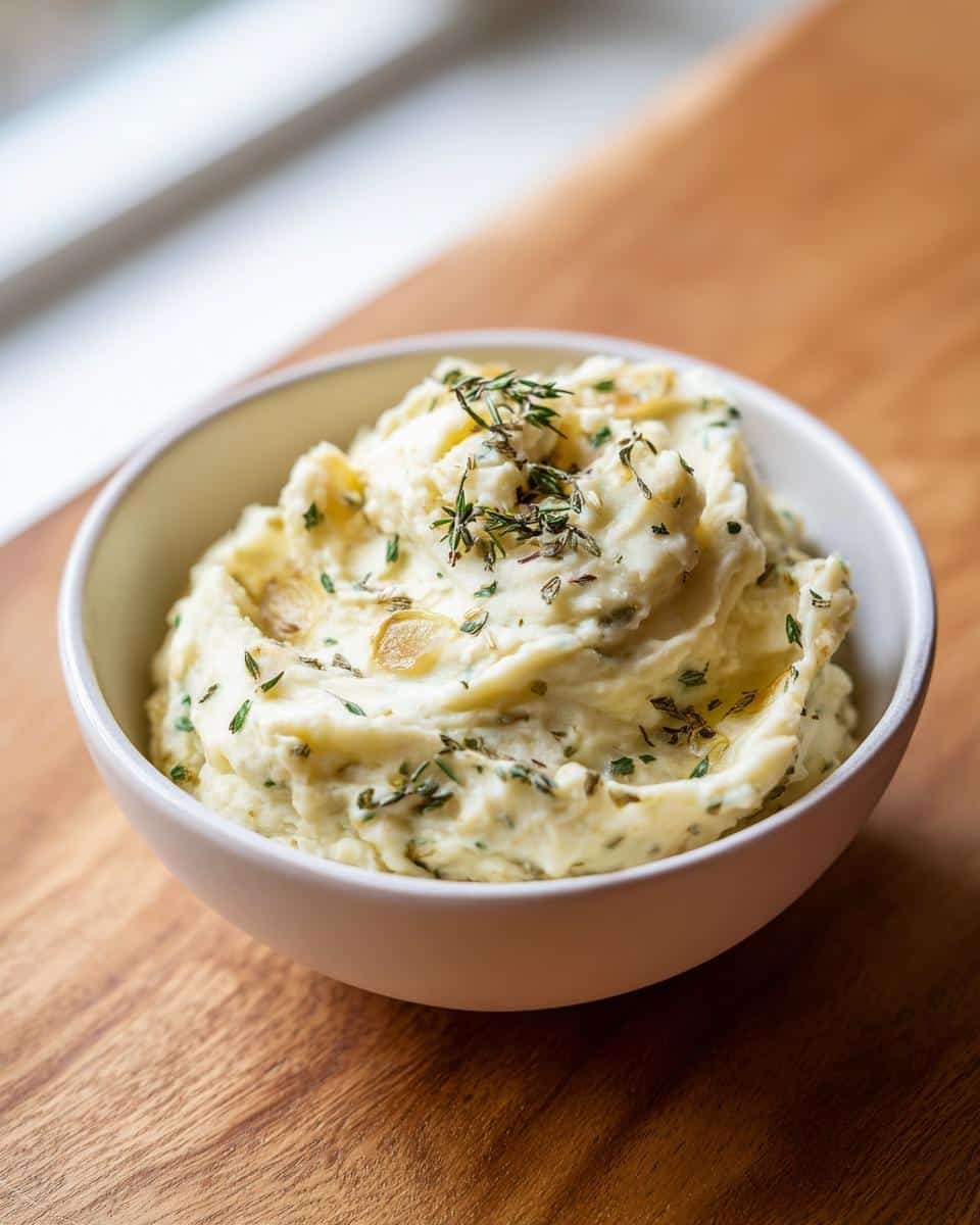 A white bowl filled with creamy Roasted Garlic Mashed Potatoes, garnished with fresh herbs and roasted garlic cloves.
