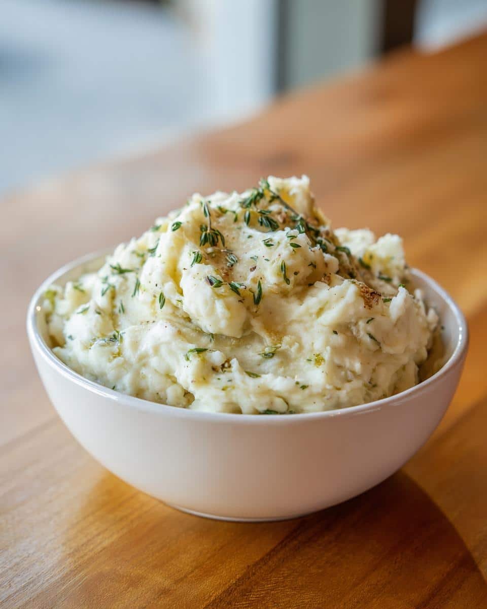 A bowl of fluffy Roasted Garlic Mashed Potatoes topped with fresh herbs and spices.