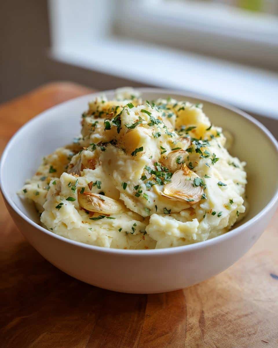 A bowl of creamy Roasted Garlic Mashed Potatoes topped with chopped parsley and roasted garlic cloves.