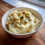 A close-up of a white bowl filled with creamy Roasted Garlic Mashed Potatoes, topped with herbs and a drizzle of butter.