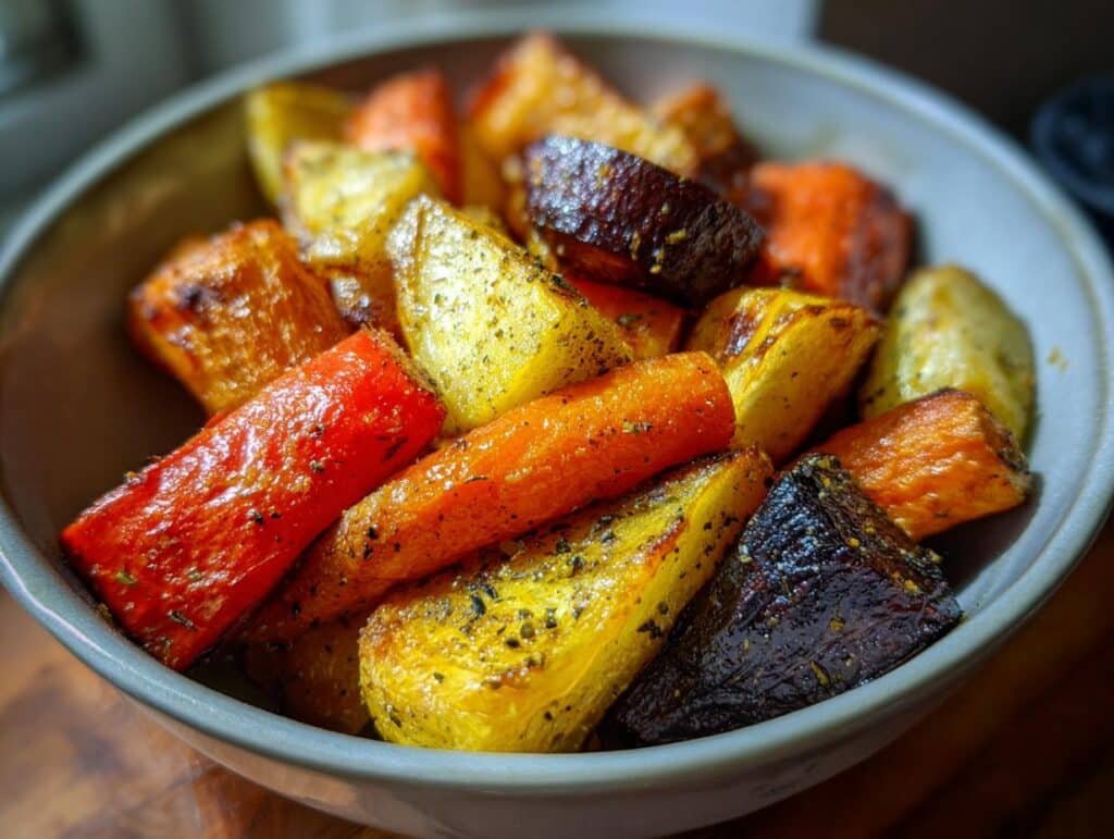 A close-up view of a bowl filled with colorful, glistening roasted root vegetables, including carrots and potatoes.
