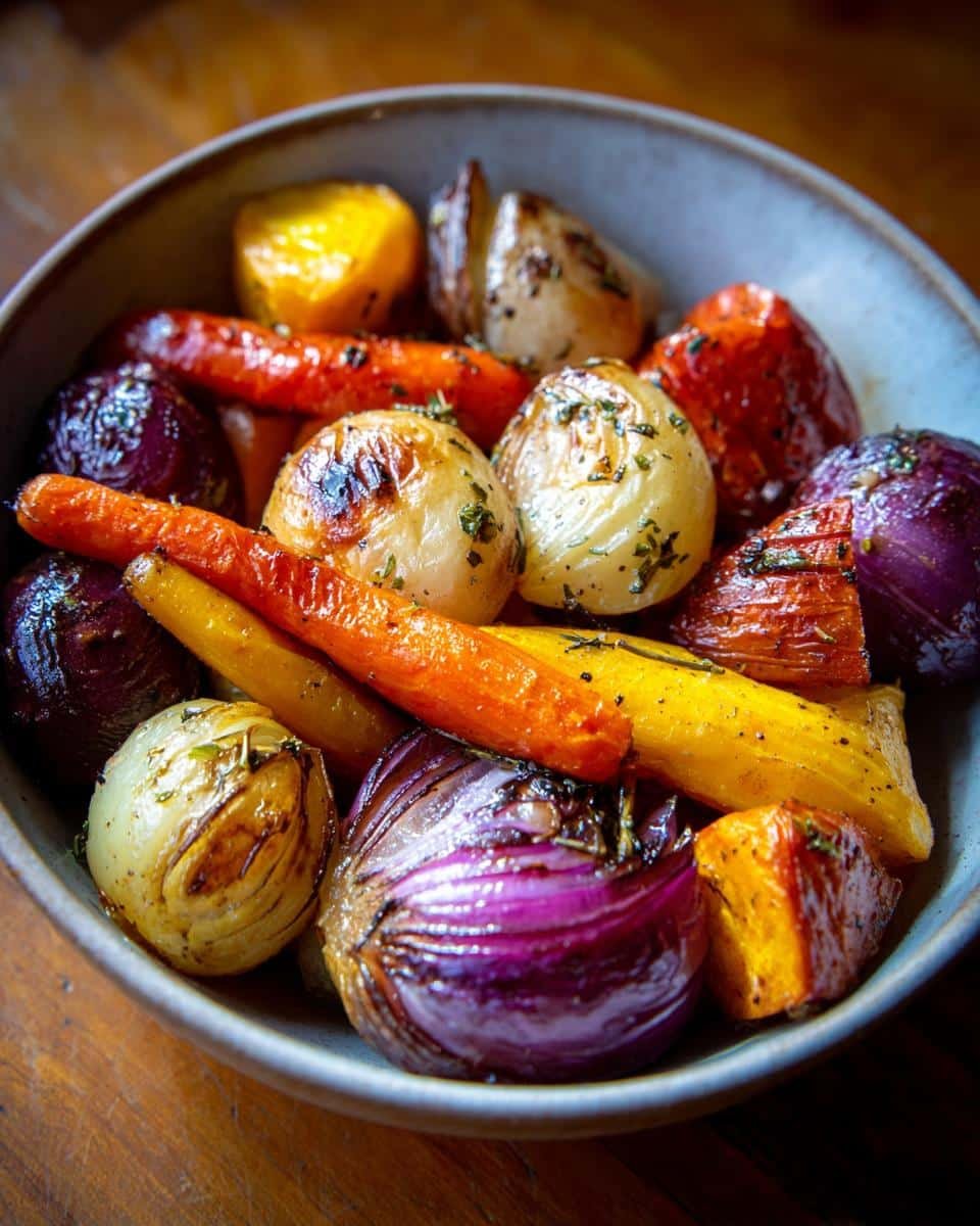 A close-up of a bowl filled with colorful roasted root vegetables including carrots, red onions, and potatoes, seasoned with herbs.