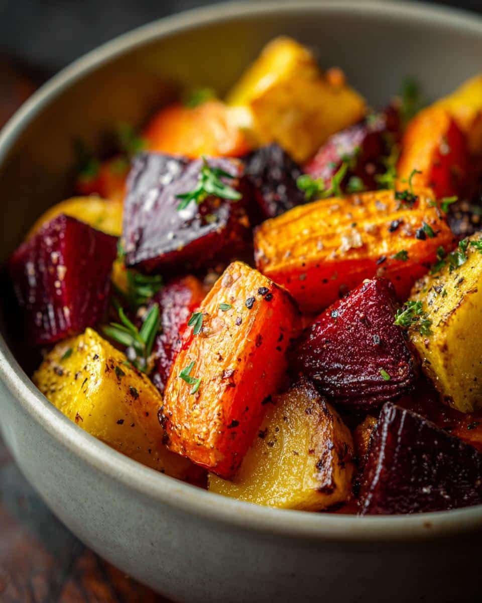 Close-up of a bowl filled with vibrant roasted root vegetables including beets, carrots, and potatoes, seasoned with herbs.