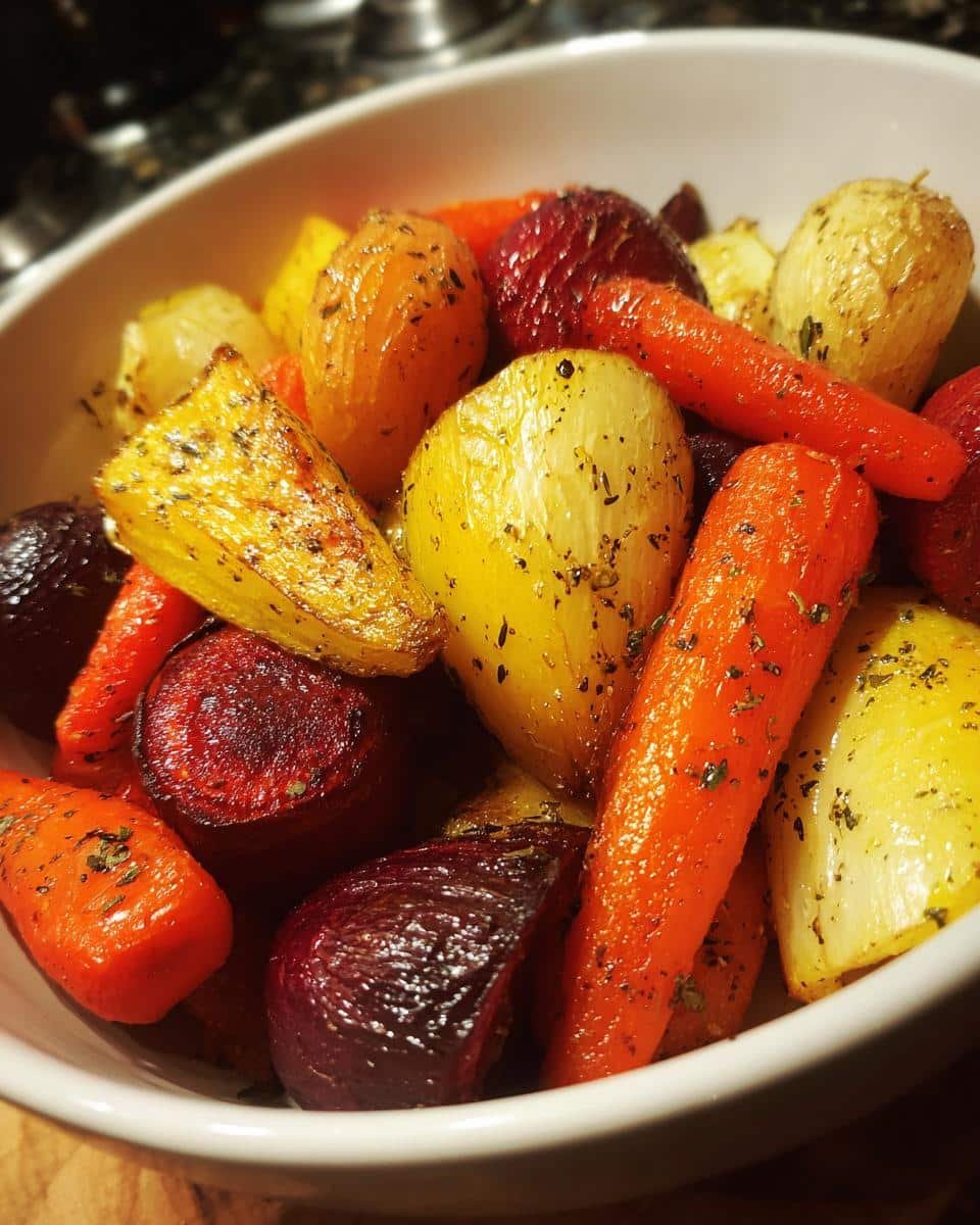 Close-up of a white bowl filled with colorful roasted root vegetables, including carrots, beets, and potatoes, seasoned with herbs.
