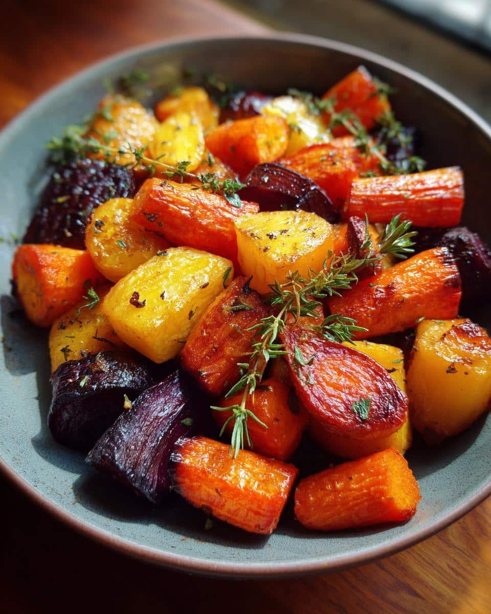 A close-up of a bowl filled with colorful roasted root vegetables, including carrots, beets, and parsnips, garnished with fresh herbs.