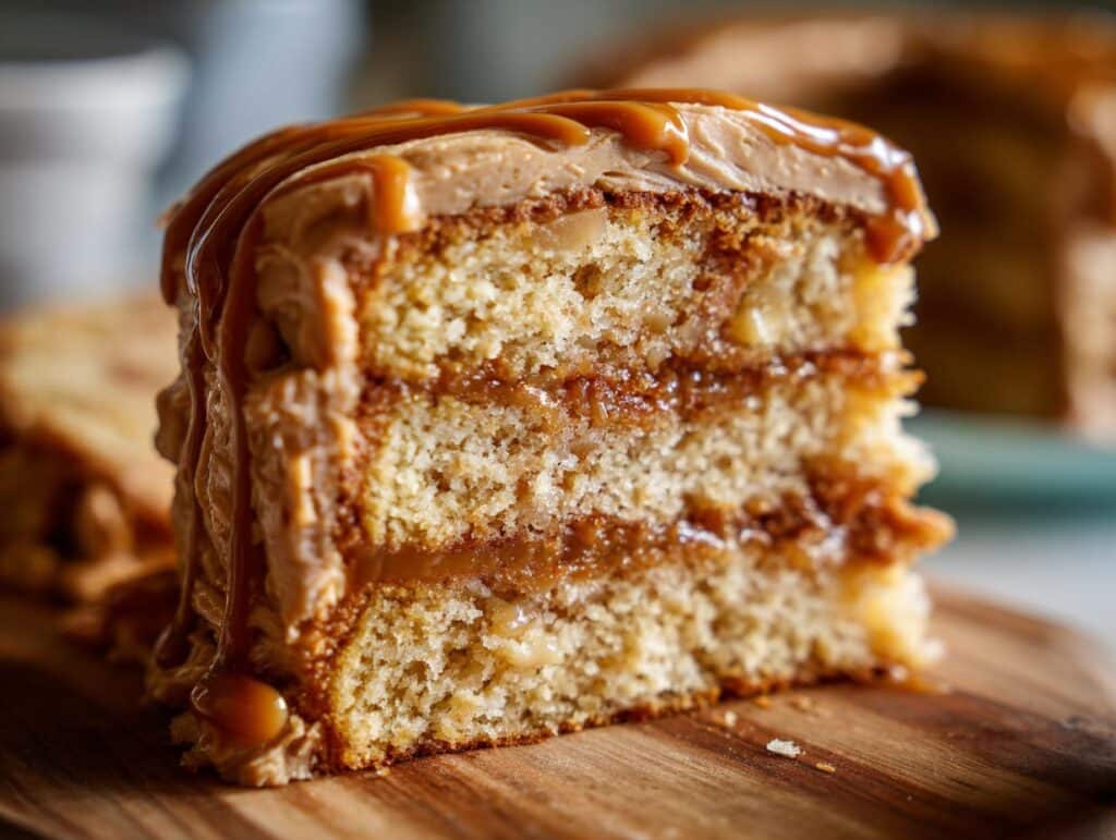 A delicious slice of Salted Caramel Apple Cake, showcasing layers of cake and caramel filling, topped with frosting and caramel drizzle.