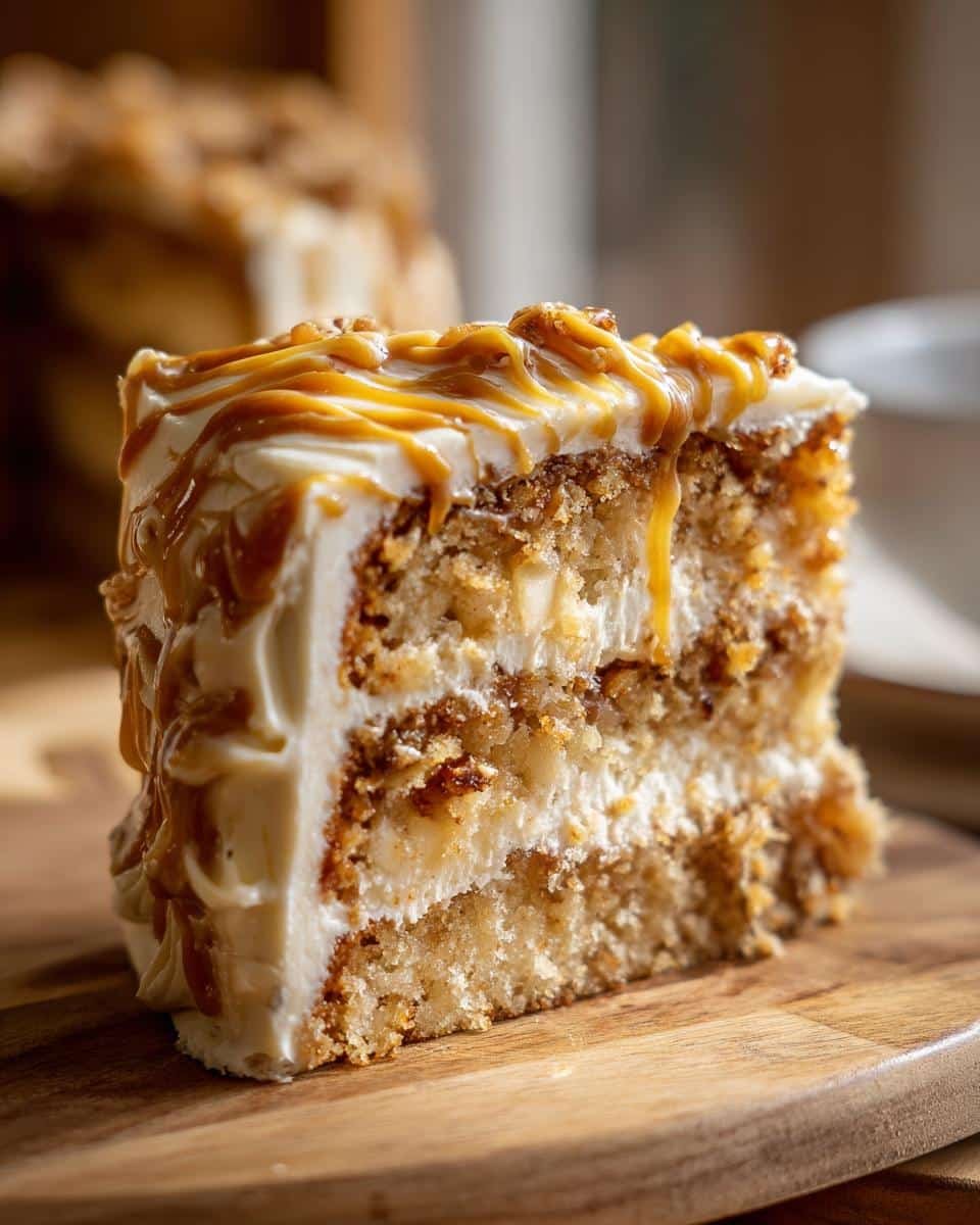 Amazing Salted Caramel Apple Cake: 1 Joyful Bite 6 A generous slice of Salted Caramel Apple Cake with creamy frosting and caramel drizzle.