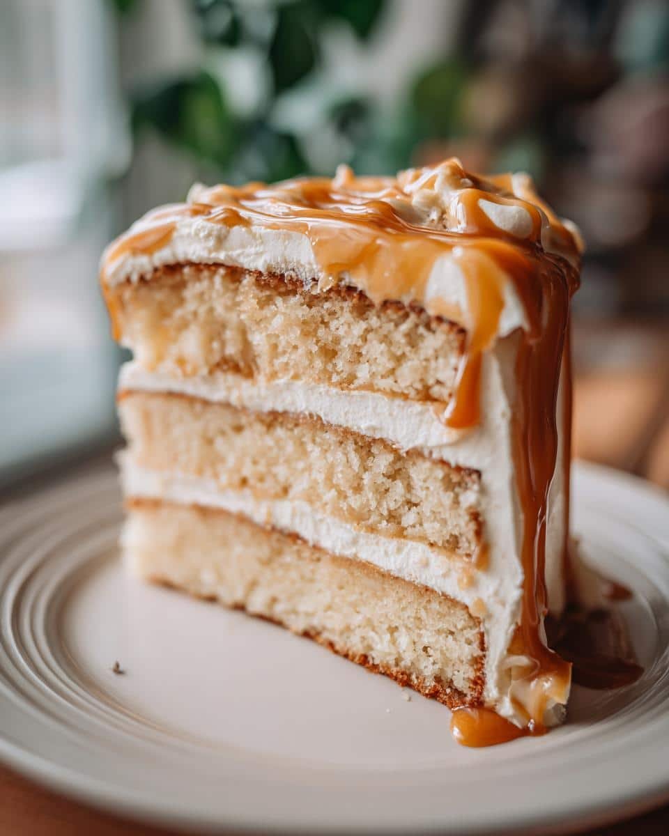 Amazing Salted Caramel Apple Cake: 1 Joyful Bite 7 A decadent slice of Salted Caramel Apple Cake with layers of cake, frosting, and caramel drizzle.