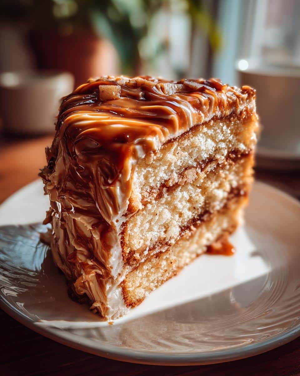 Amazing Salted Caramel Apple Cake: 1 Joyful Bite 8 A decadent slice of Salted Caramel Apple Cake, featuring three layers of cake with caramel filling and a rich caramel glaze.