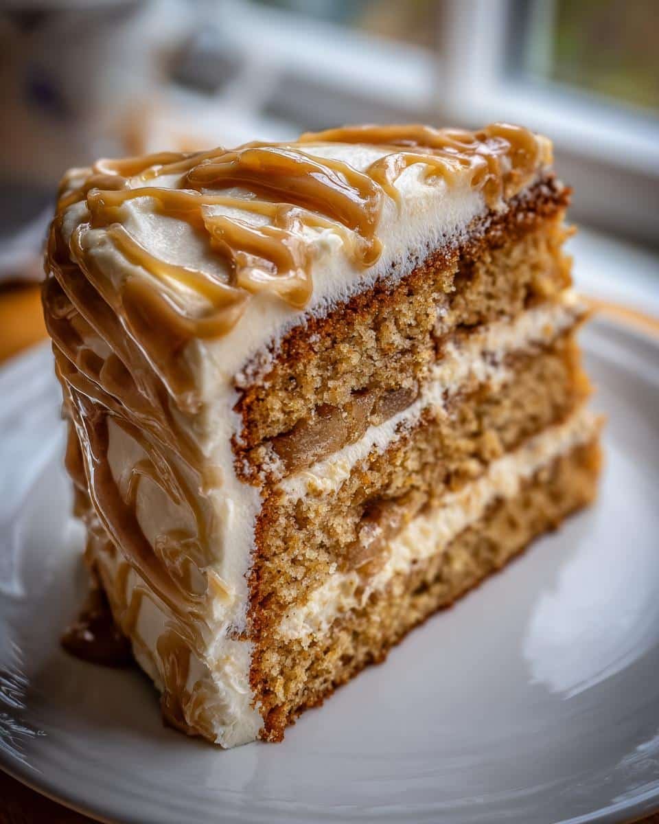 Amazing Salted Caramel Apple Cake: 1 Joyful Bite 9 A delicious slice of Salted Caramel Apple Cake with layers of cake, cream cheese frosting, and caramel drizzle.