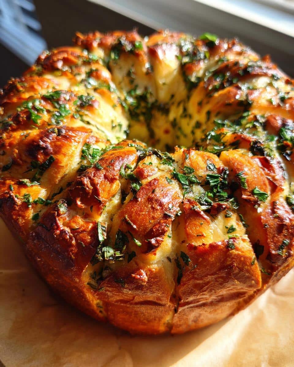 A golden-brown, freshly baked Savory Herb Monkey Bread, generously sprinkled with fresh green herbs.