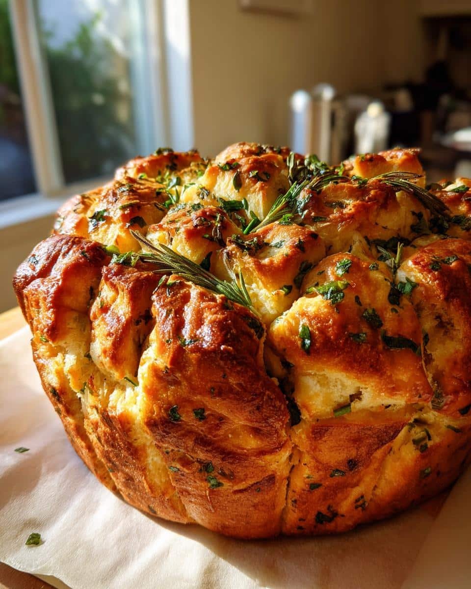 A golden brown Savory Herb Monkey Bread loaf, glistening with herbs and rosemary sprigs.