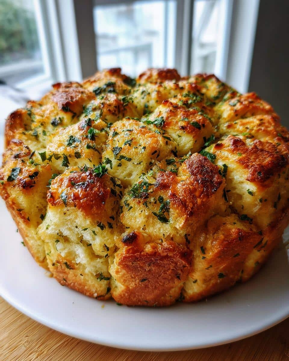 A close-up of a golden brown, freshly baked Savory Herb Monkey Bread topped with chopped parsley.