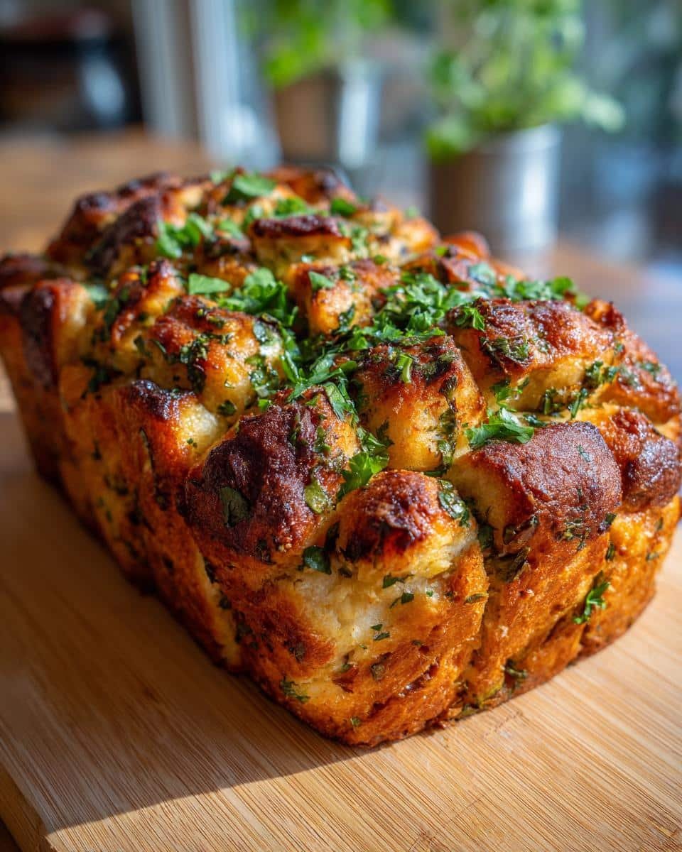 A golden-brown loaf of Savory Herb Monkey Bread, pulled apart and sprinkled with fresh parsley.