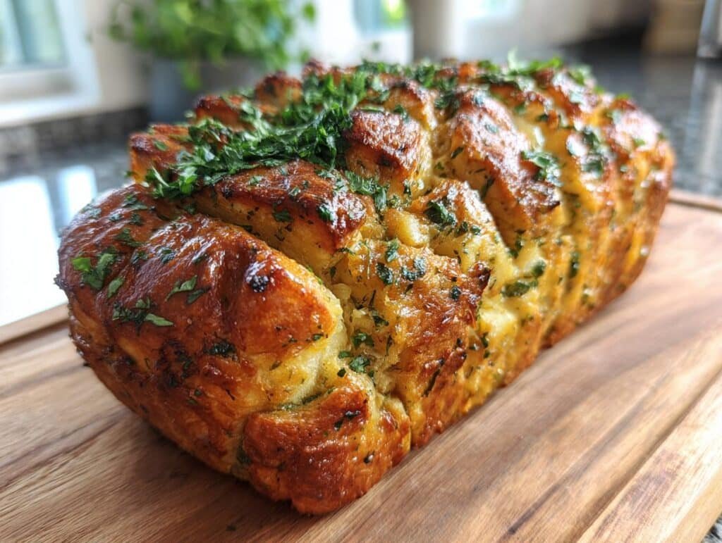 A golden-brown Savory Herb Monkey Bread loaf, generously topped with fresh green herbs, resting on a wooden cutting board.