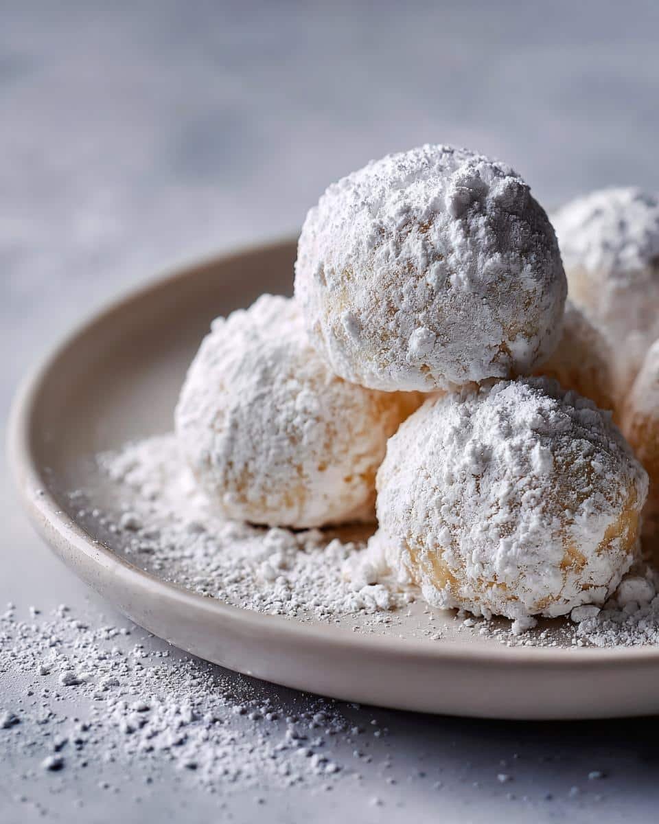 A close-up of several perfect snowball cookies generously dusted with powdered sugar on a light-colored plate.