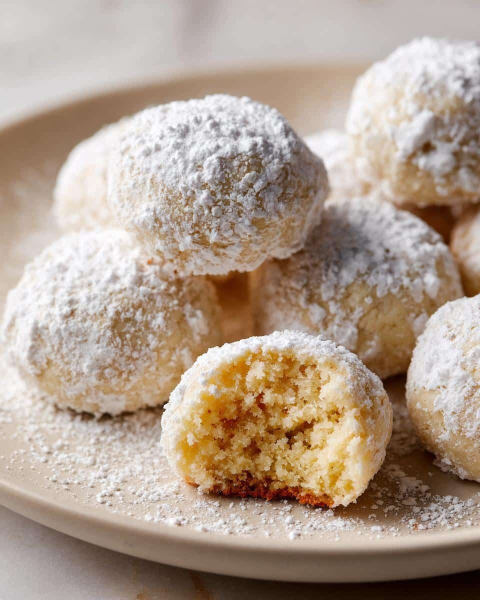 A close-up of a pile of perfect snowball cookies, one of which is bitten to reveal its crumbly interior.