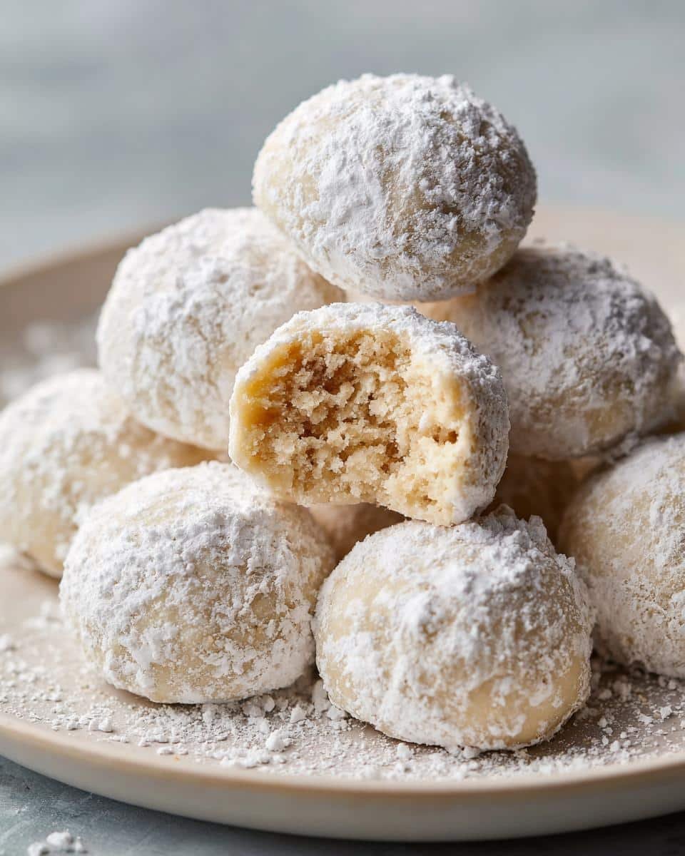 A close-up of a stack of perfect Snowball Cookies, one with a bite taken out, revealing a crumbly interior.