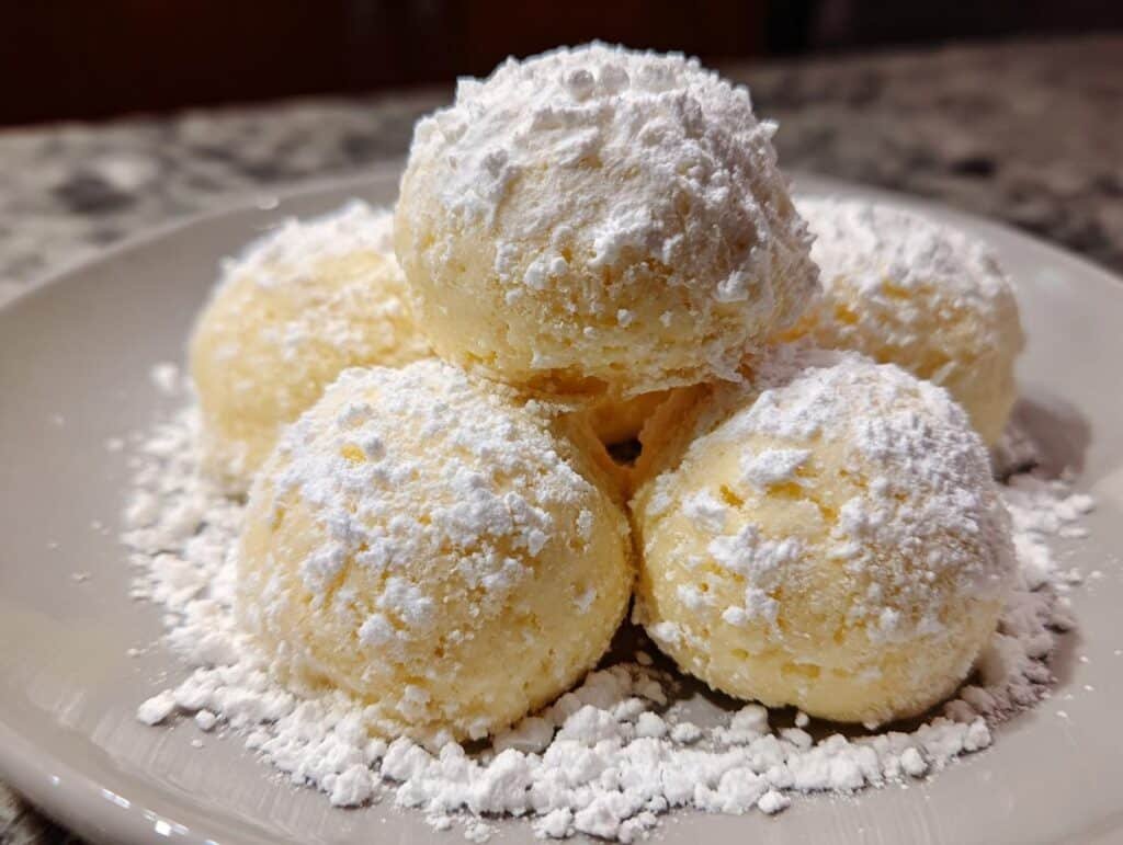 A close-up of a stack of perfect snowball cookies generously dusted with powdered sugar on a light gray plate.