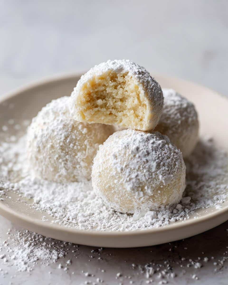 Close-up of perfect snowball cookies dusted generously with powdered sugar, one cookie is broken in half.