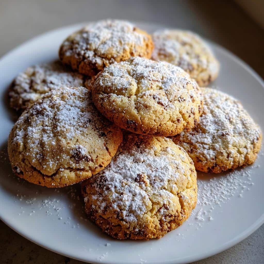 A pile of delicious Spiced Carrot Cake cookies dusted with powdered sugar on a white plate.