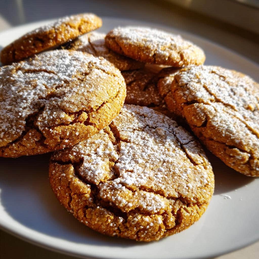 A pile of golden-brown Spiced Carrot Cake cookies dusted with powdered sugar on a white plate.