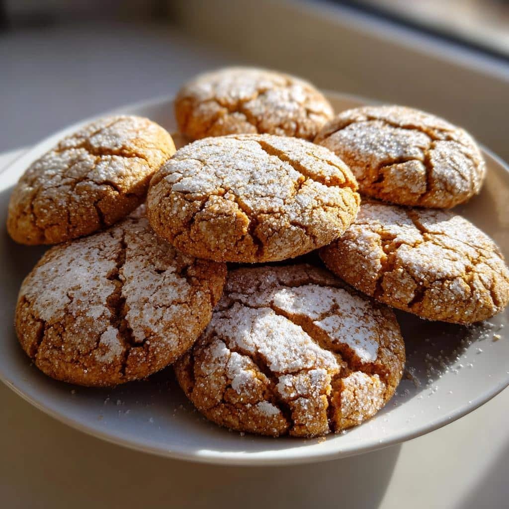 A pile of soft, crinkled Spiced Carrot Cake cookies dusted with powdered sugar on a white plate.