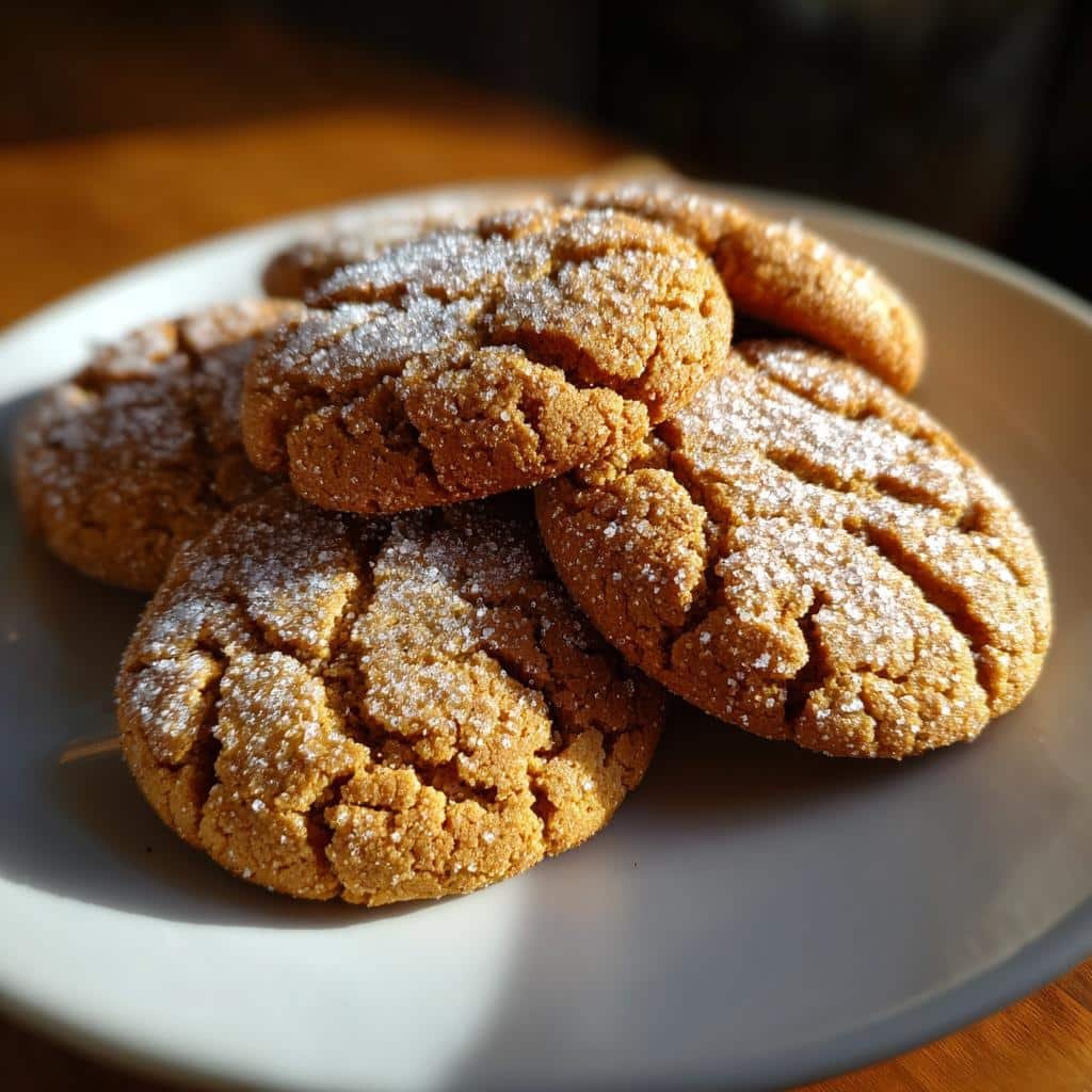 A close-up of several spiced carrot cake cookies dusted with sugar on a white plate.