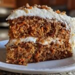 A moist slice of Spiced Carrot Cake with layers of cream cheese frosting and visible shredded carrots.
